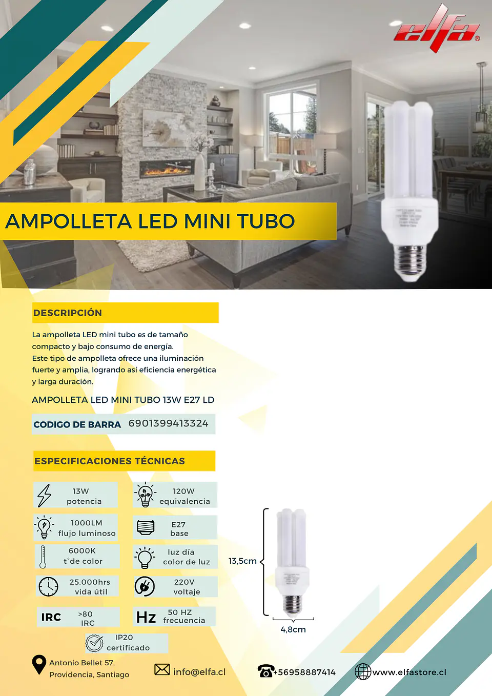 Ampolleta LED Mini Tubo 13W E27 LD 2