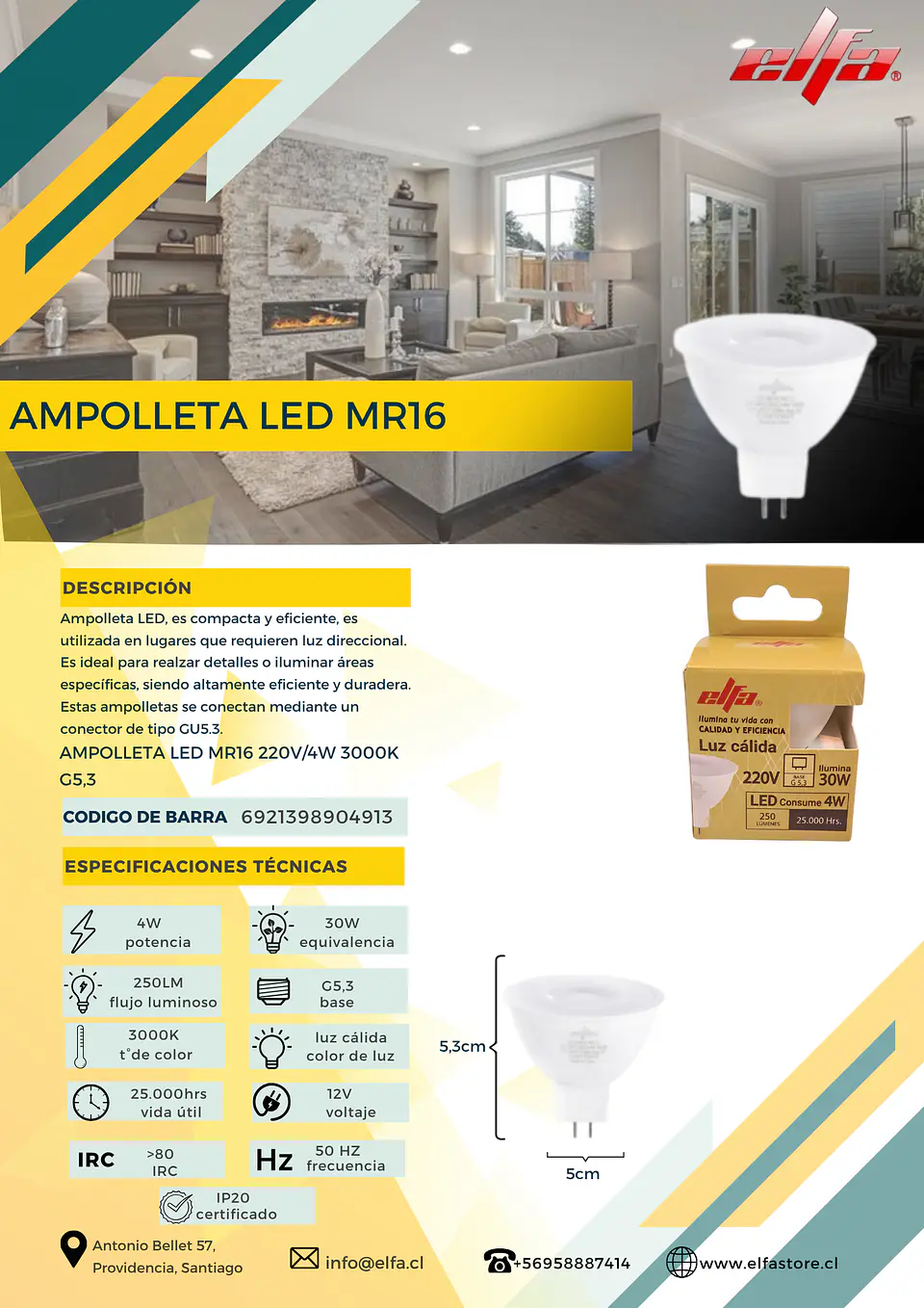Ampolleta LED MR16 220V 4W 2