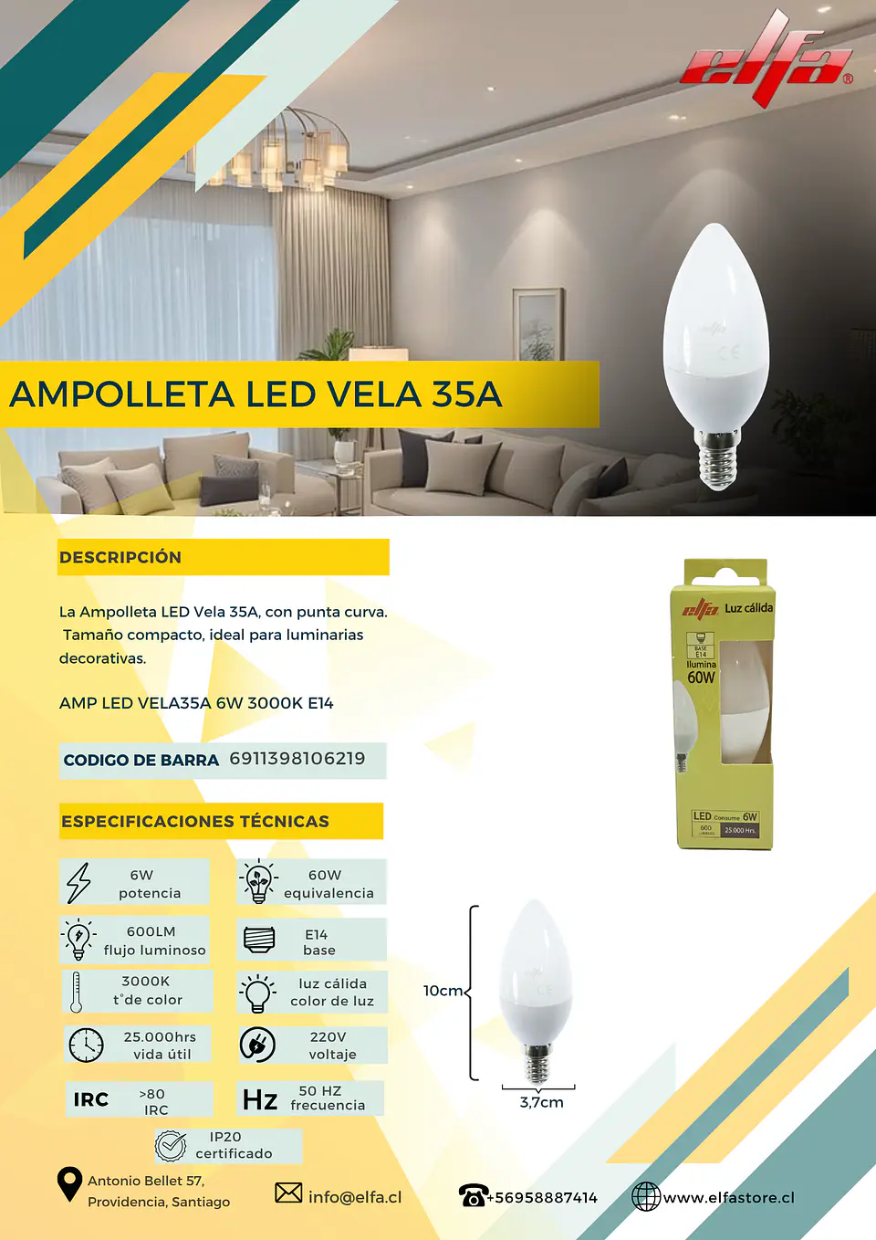 Ampolleta LED VELA 35 6W LC 2