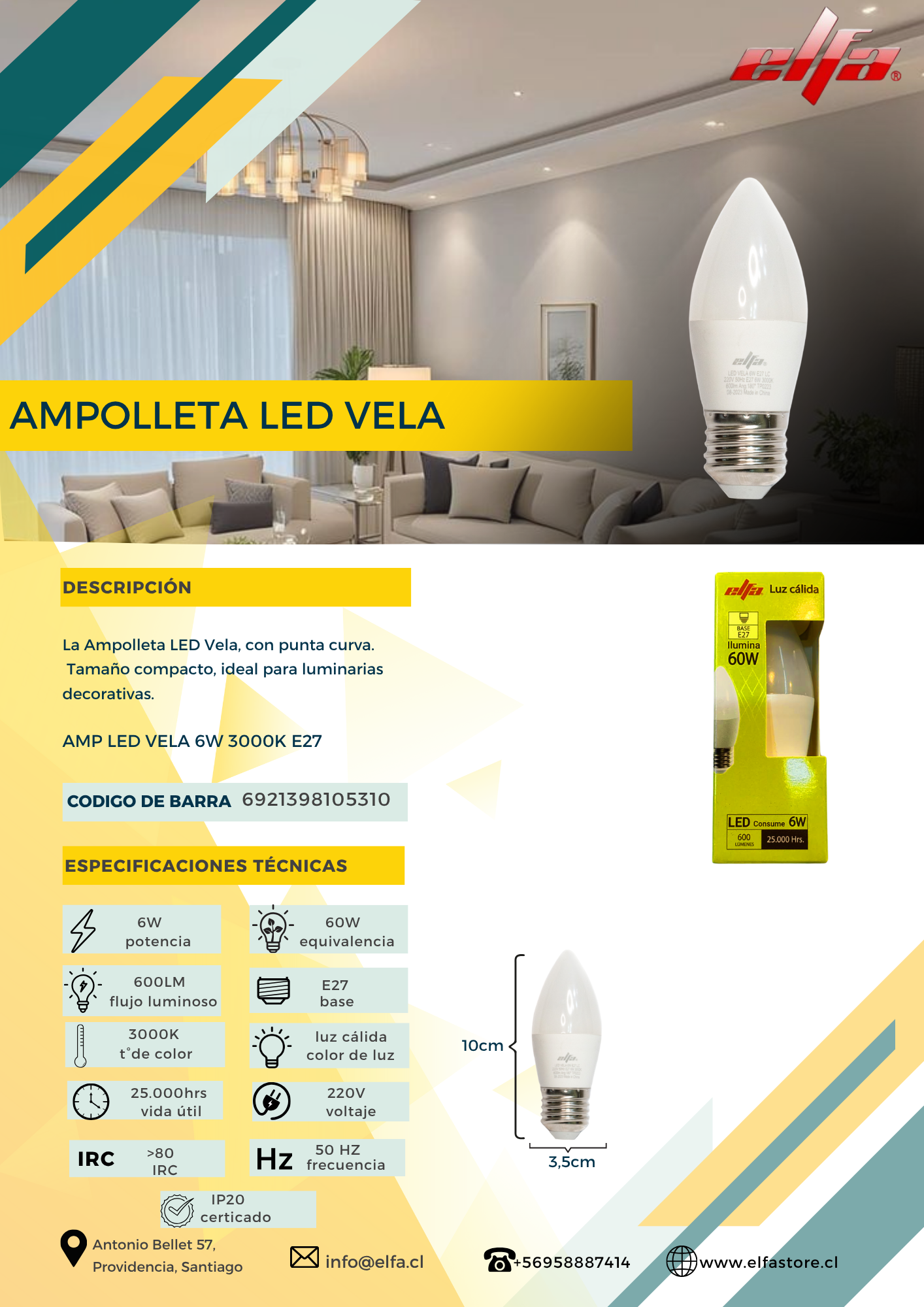 Ampolleta LED Vela - Elfa Classic Warm E27 LC 2