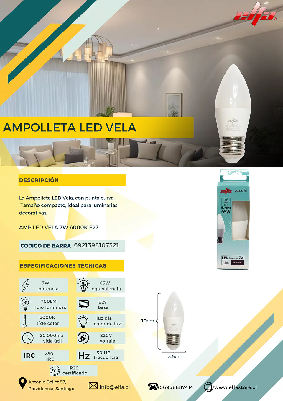 Ampolleta LED Vela - Elfa Pure Day E27 7W LD 3
