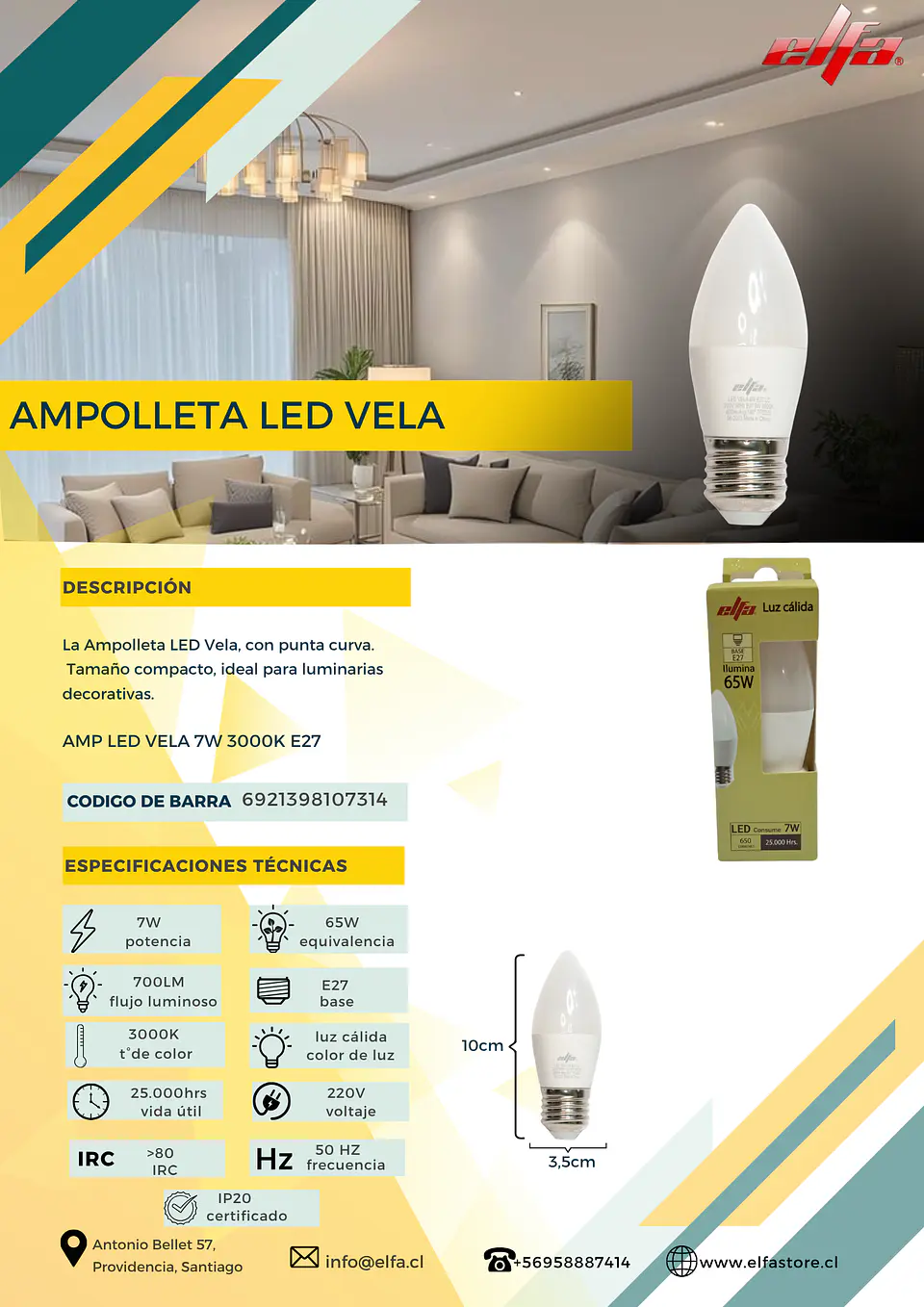 Ampolleta LED Vela Elfa - 7W E27 Luz Cálida (3000K) 3
