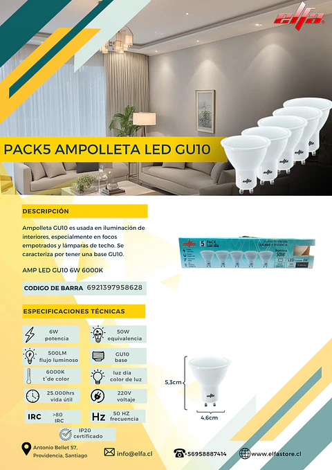 Pack 5 Ampolletas LED GU10 Elfa - 6W (Equivale a 50W) Luz Día 6000K