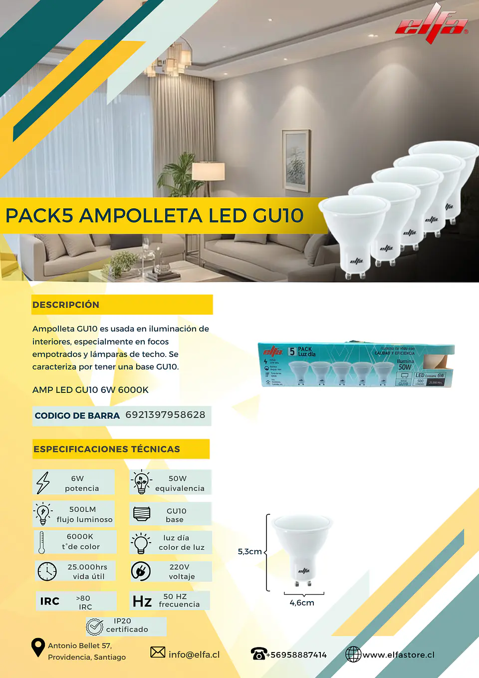 Pack 5 Ampolletas LED GU10 Elfa - 6W (Equivale a 50W) Luz Día 6000K 2