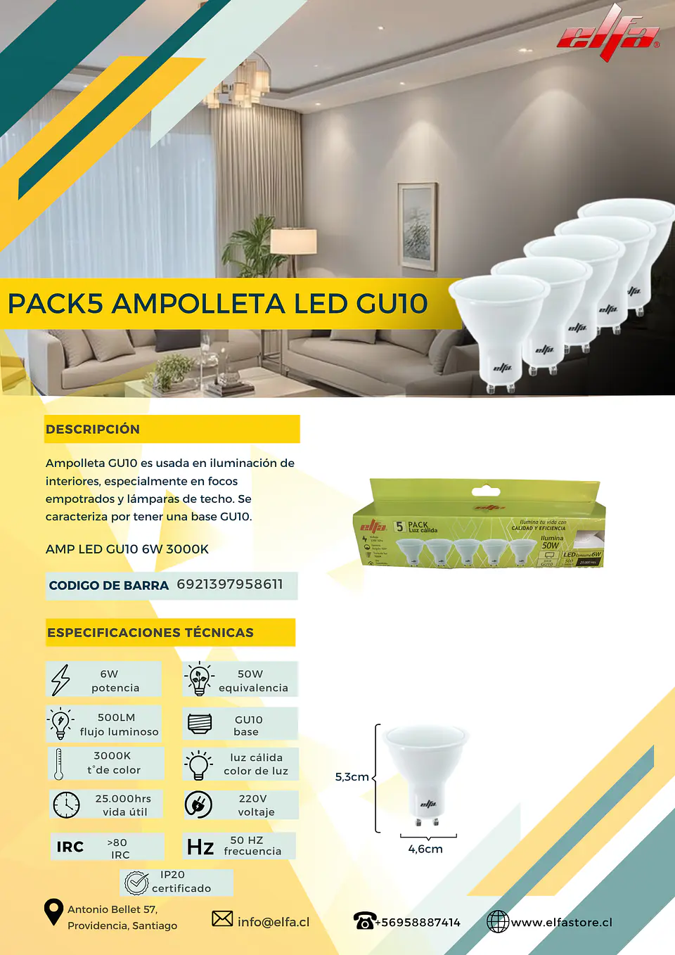 Pack 5 Ampolletas LED GU10 Elfa - 6W (Equivale a 50W) Luz Cálida 3000K 2