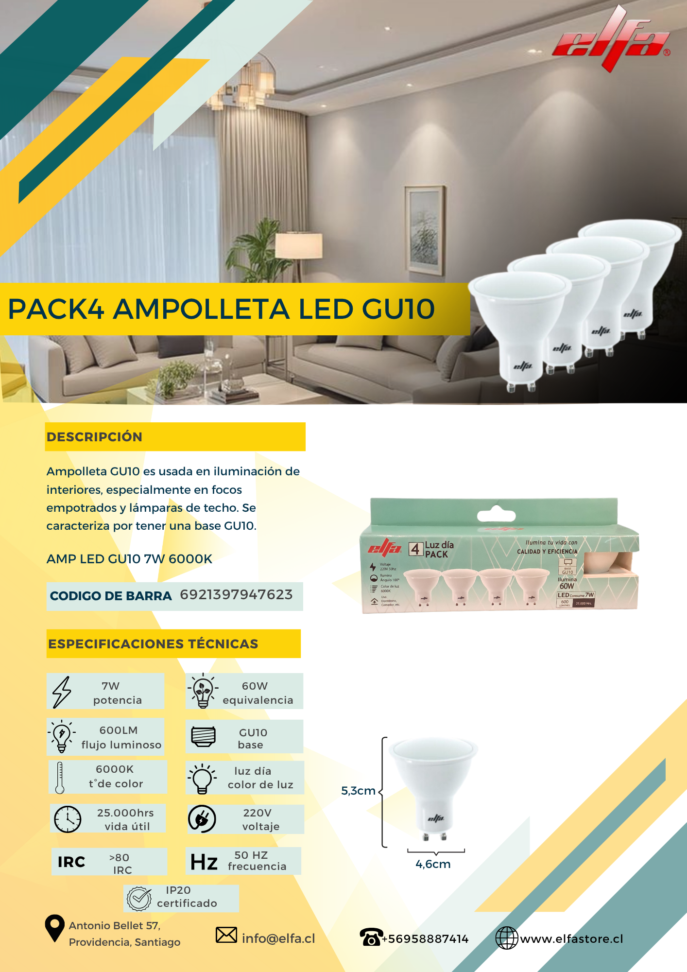 Pack 4 Ampolletas LED GU10 Elfa - 7W (Equivale a 60W) Luz Día 6000K 2