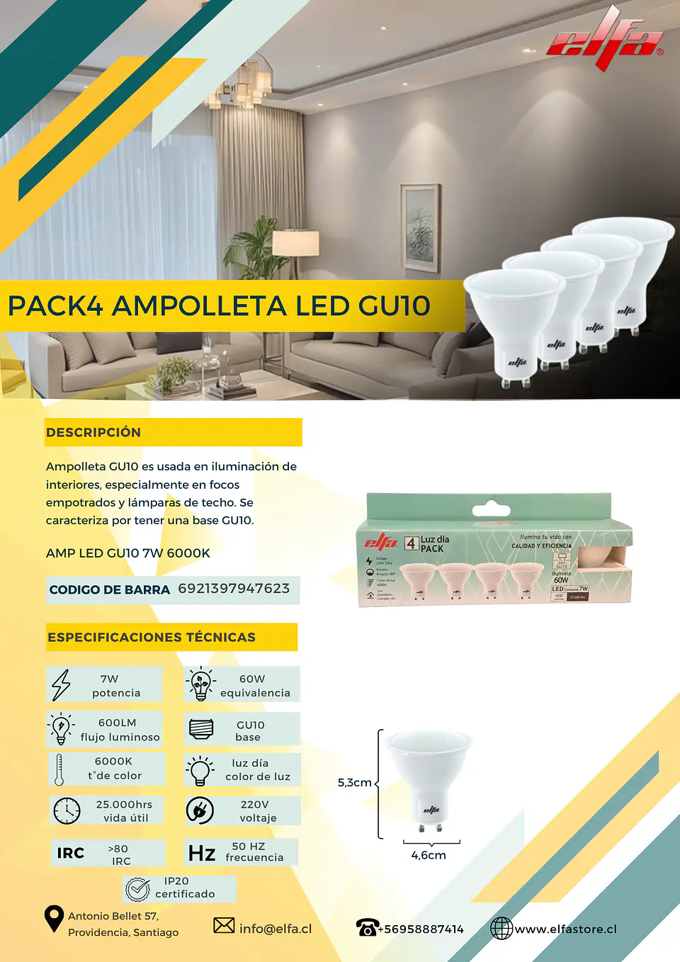 Pack 4 Ampolletas LED GU10 Elfa - 7W (Equivale a 60W) Luz Día 6000K 2