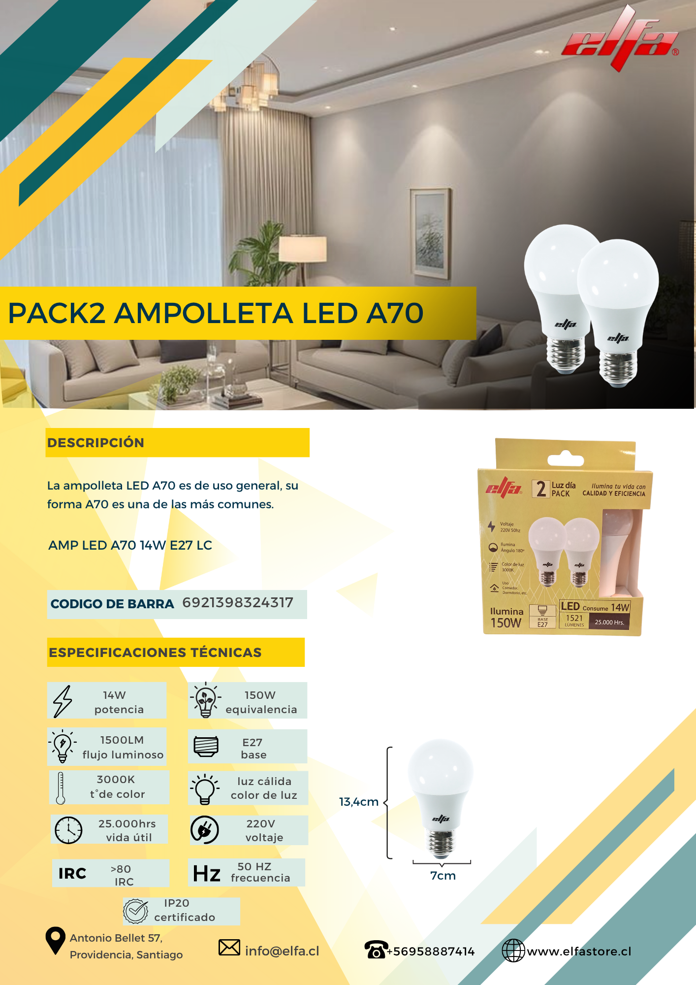 Pack 2 Ampolletas LED A70 Elfa - 14W (Equivale a 150W) Luz Cálida 3000K 2