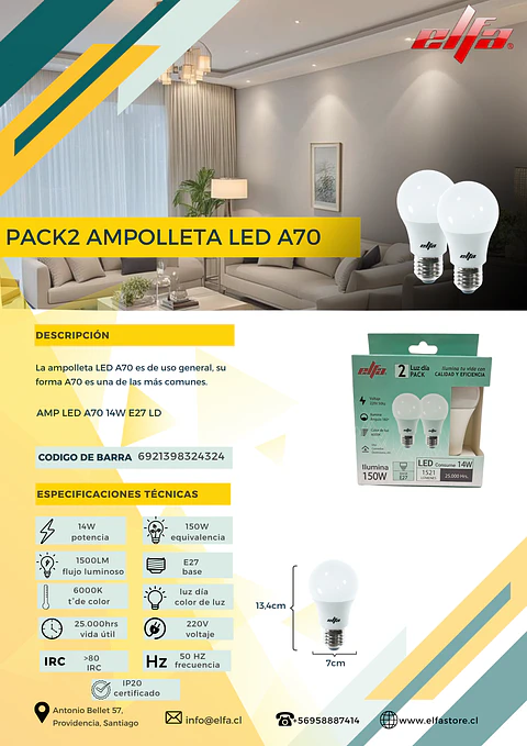 Pack 2 Ampolletas LED A70 Elfa - 14W (Equivale a 150W) Luz Día 6000K