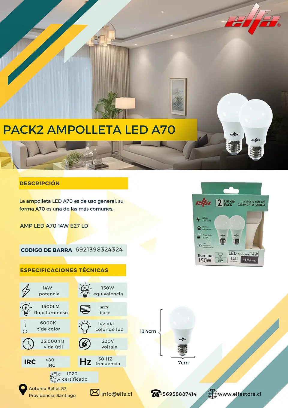 Pack 2 Ampolletas LED A70 Elfa - 14W (Equivale a 150W) Luz Día 6000K 2