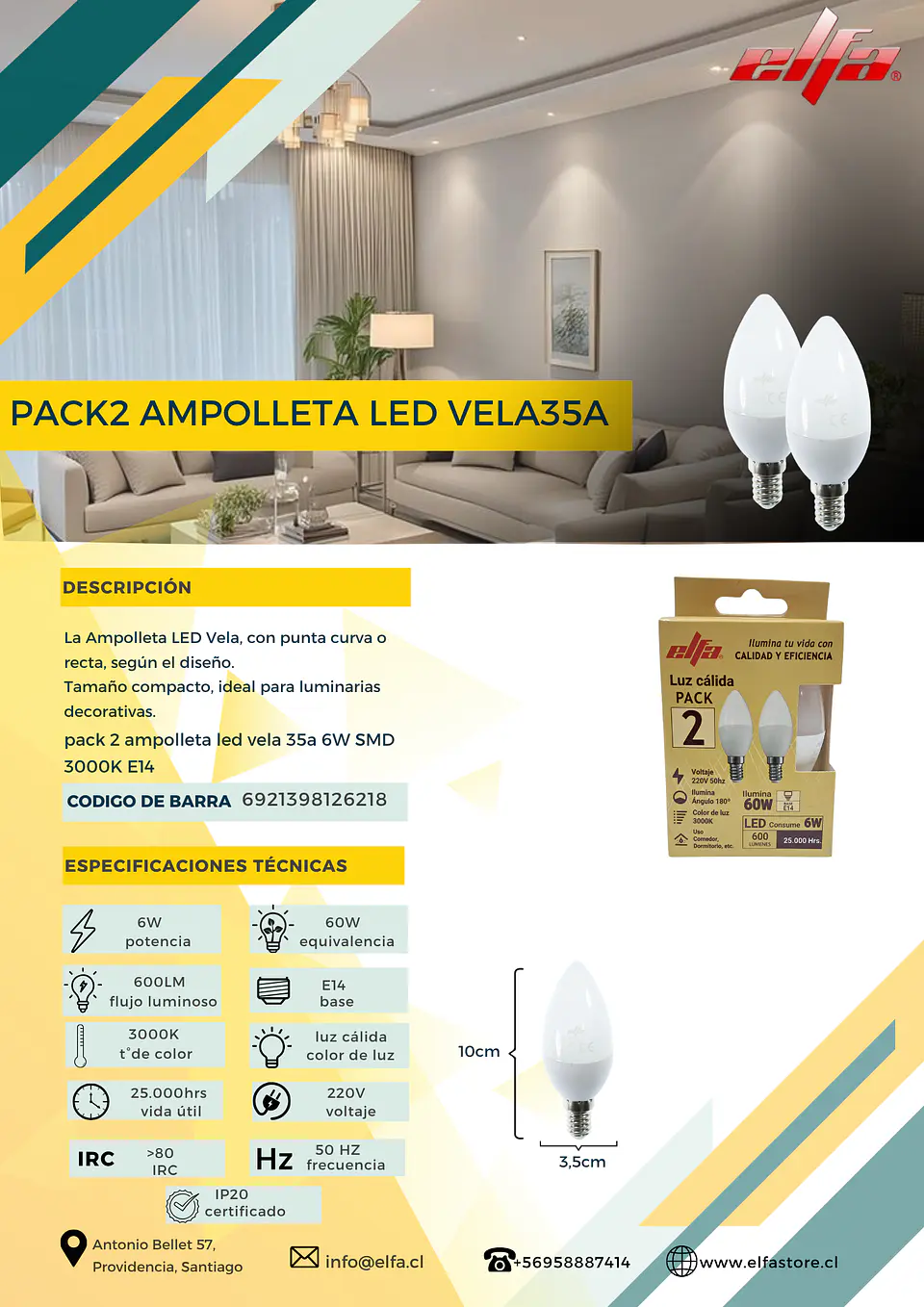 Pack 2 Ampolletas LED Vela 35A Elfa - 6W E14 Luz Cálida (3000K) 2