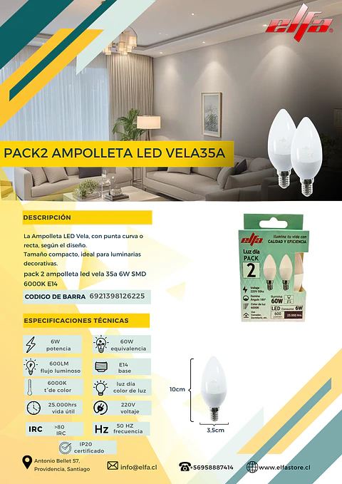 Pack 2 Ampolletas LED Vela 35A Elfa - 6W E14 Luz Día (6000K)