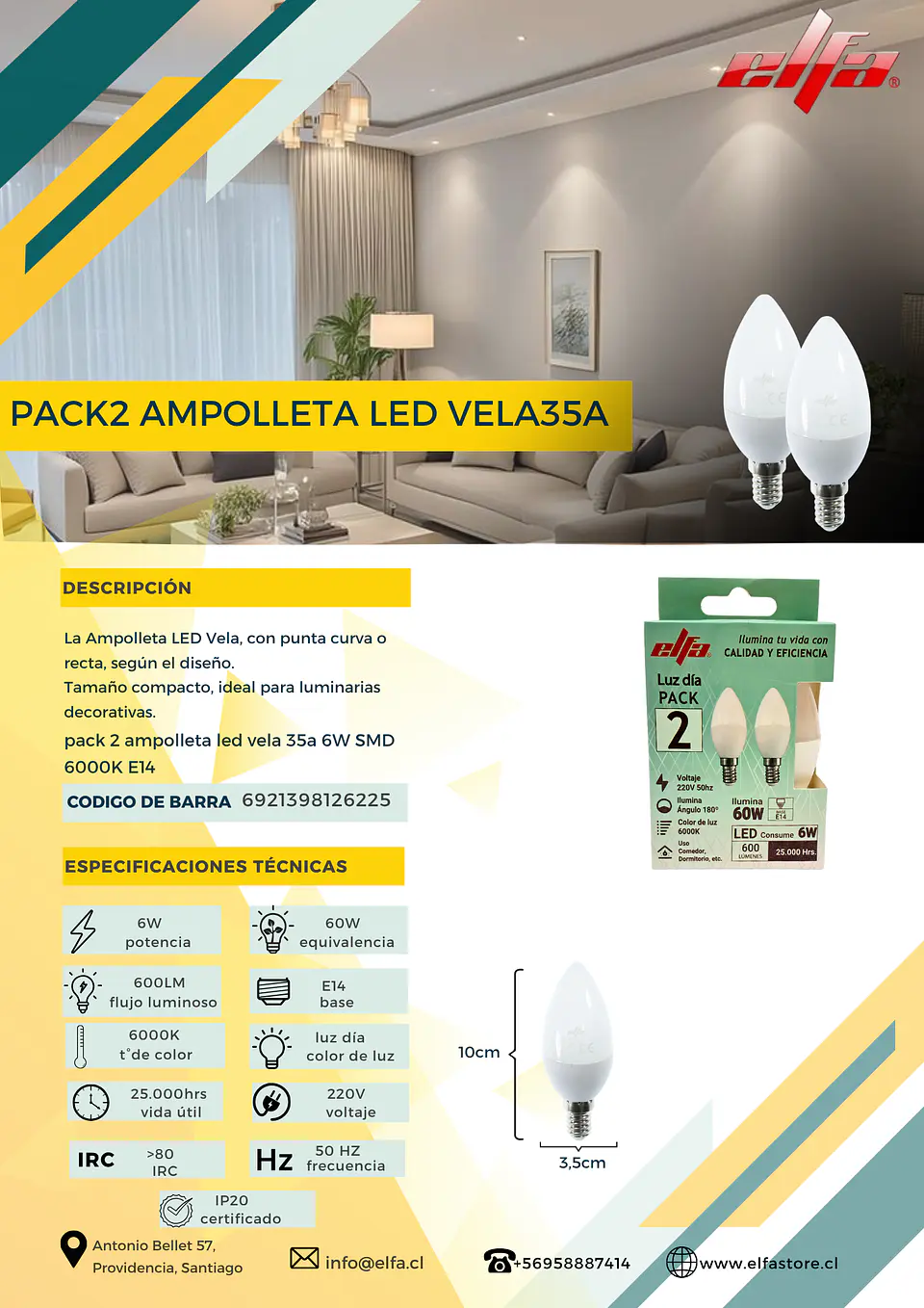 Pack 2 Ampolletas LED Vela 35A Elfa - 6W E14 Luz Día (6000K) 2