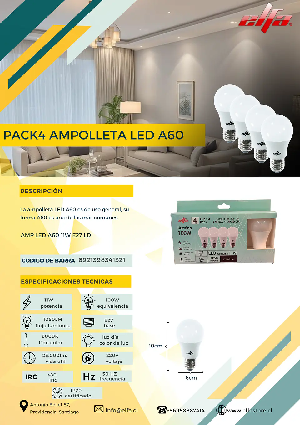 Pack de 4 Ampolletas LED Bola Elfa - 5W (Equivale a 40W) Luz Día 6000K 2