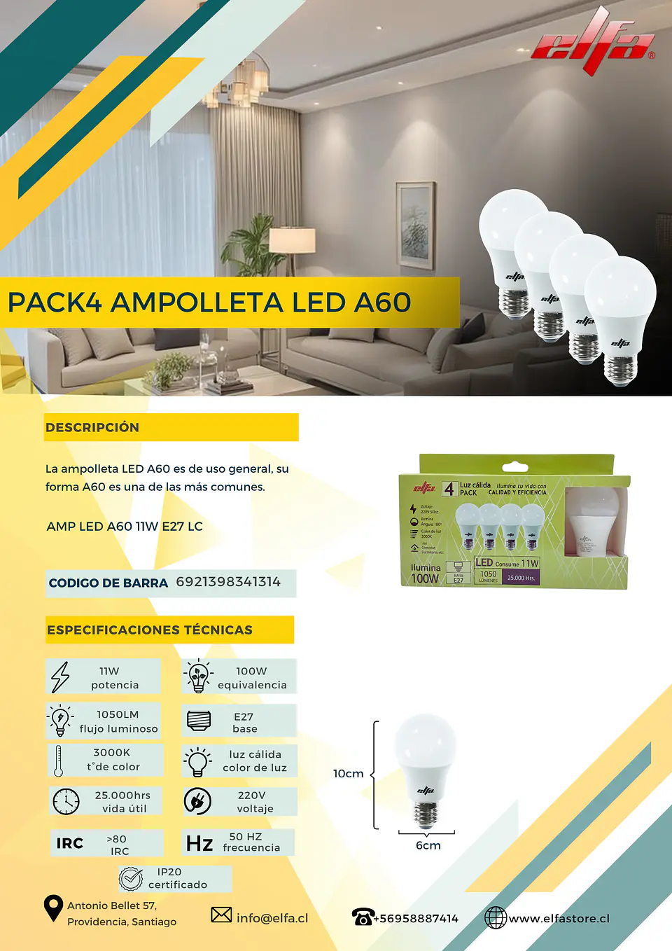 Pack de 4 Ampolletas LED Bola Elfa - 5W (Equivale a 40W) Luz Cálida 3000K 2