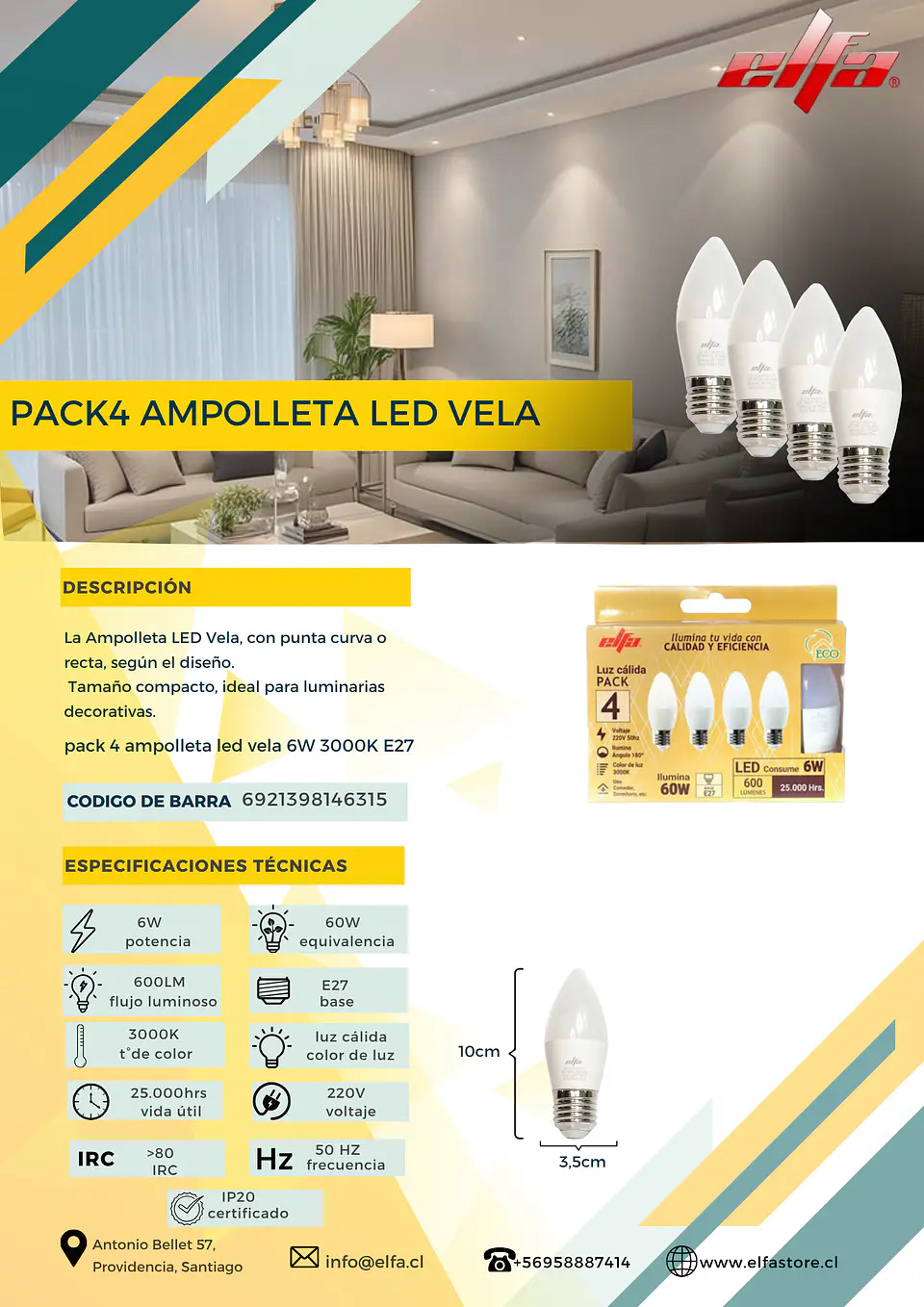 Pack 4 Ampolletas LED Vela Elfa - 6W E27 Luz Cálida (3000K) 2