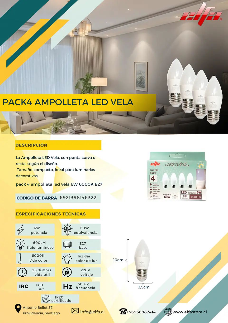 Pack 4 Ampolletas LED Vela Elfa - 6W E27 Luz Día (6000K) 2