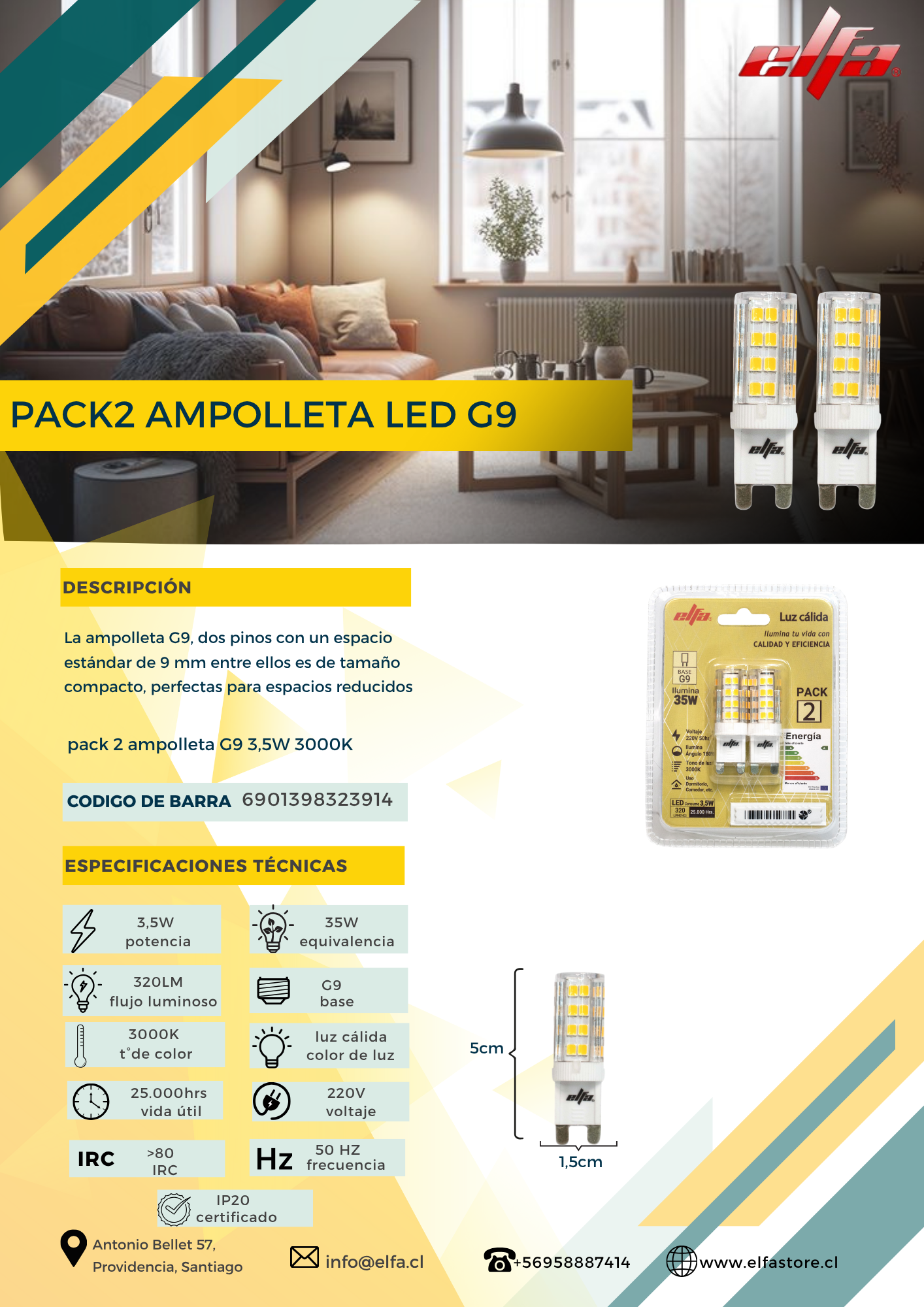 Pack 2 Ampolletas LED G9 Elfa - 3,5W (Equivale a 35W) Luz Cálida 3000K 3