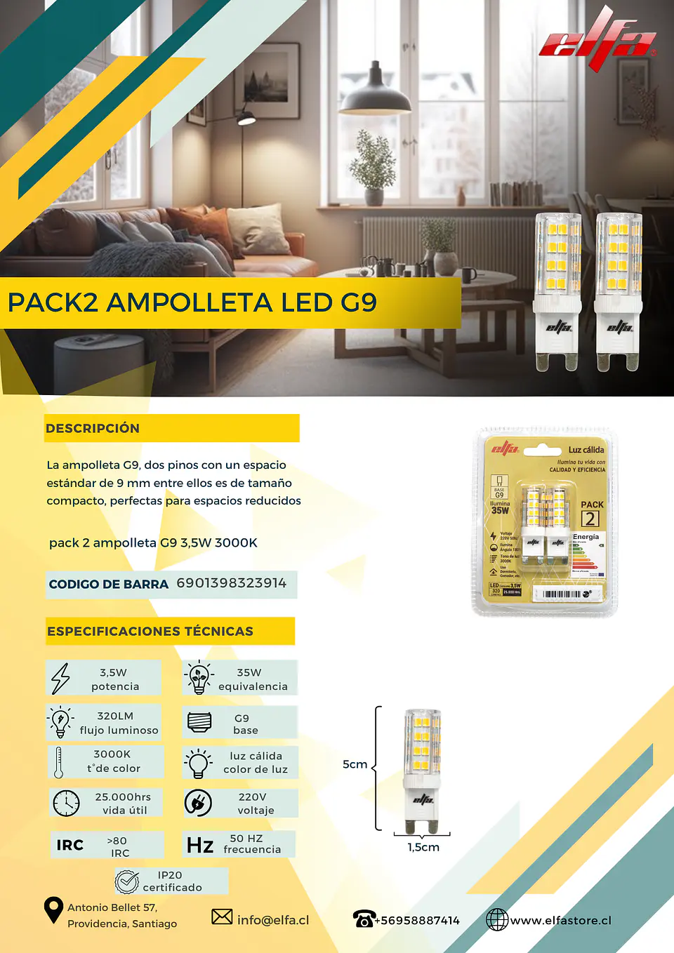 Pack 2 Ampolletas LED G9 Elfa - 3,5W (Equivale a 35W) Luz Cálida 3000K 3