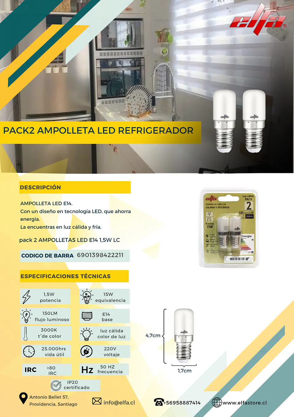 Pack 2 Ampolletas LED para Refrigerador Elfa - 1,5W (Equivale a 15W) Luz Cálida 3000K 2
