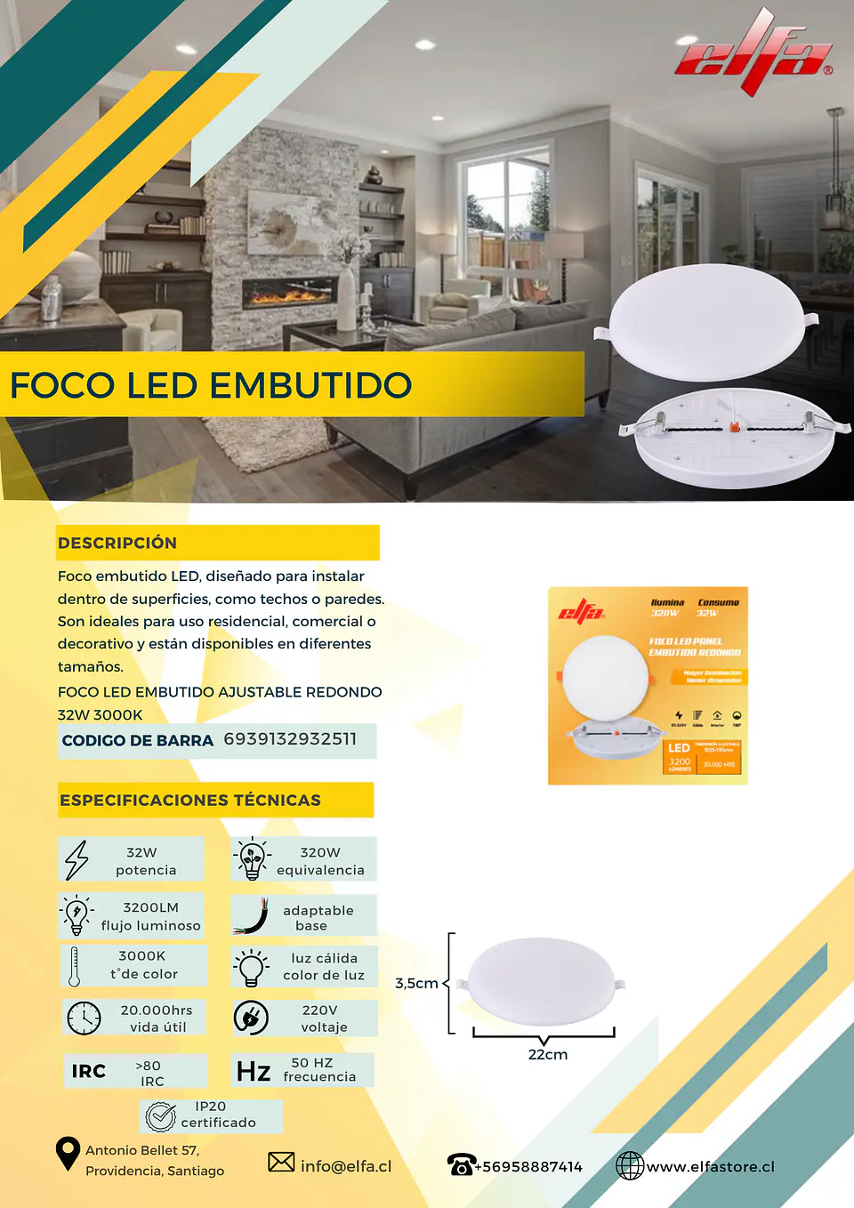 Foco LED Embutido Ajustable Redondo Elfa - 32W (Equivale a 320W) Luz Cálida 3000K 2