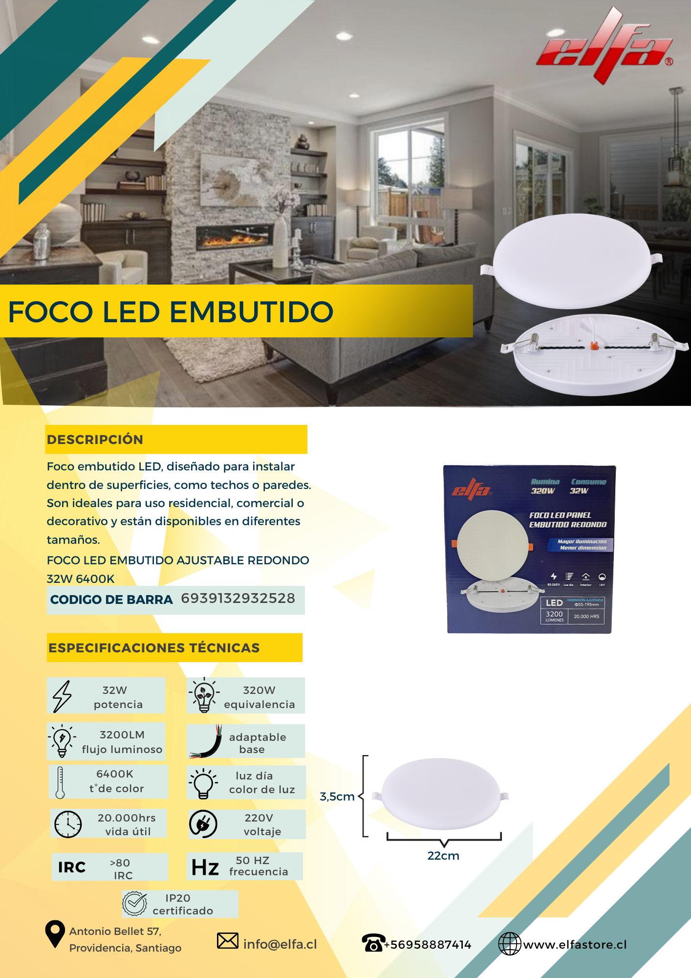 Foco LED Embutido Ajustable Redondo Elfa - 32W (Equivale a 320W) Luz Día 6400K 3