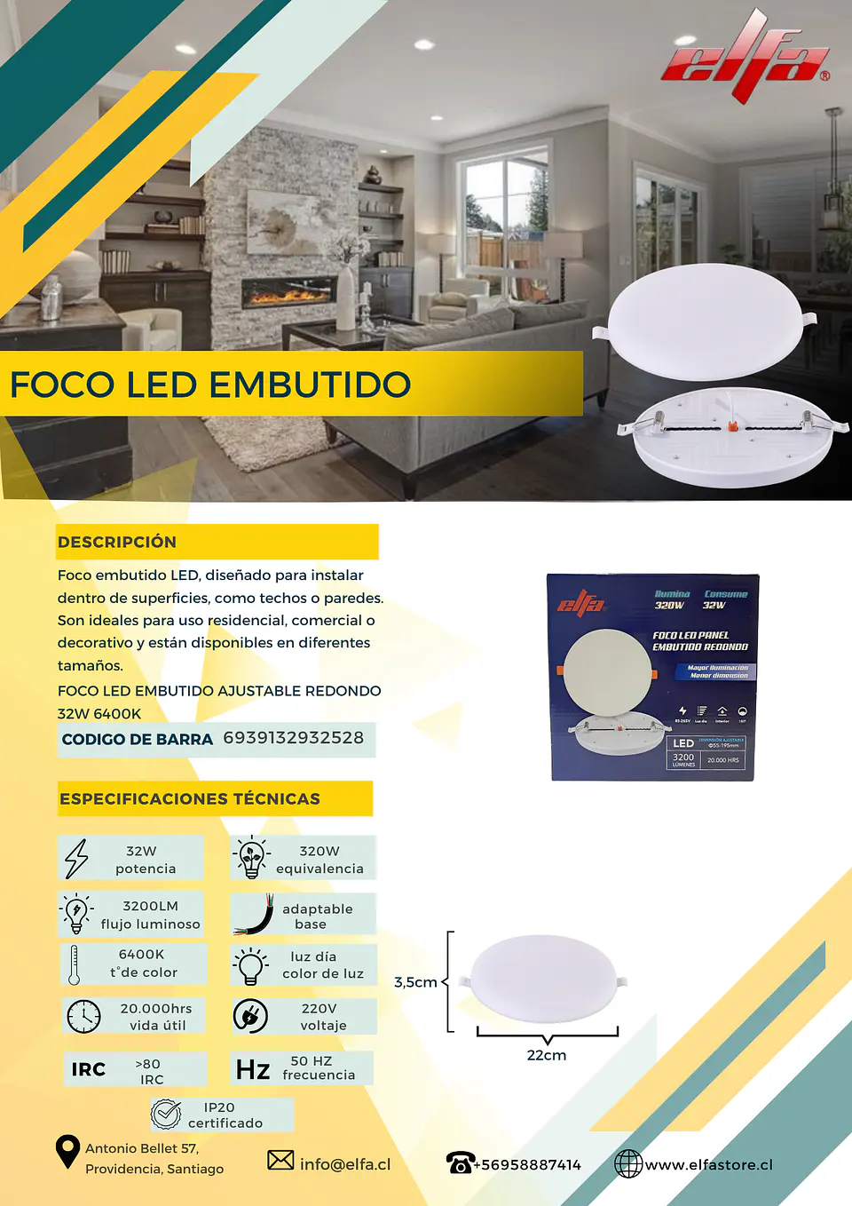 Foco LED Embutido Ajustable Redondo Elfa - 32W (Equivale a 320W) Luz Día 6400K 2