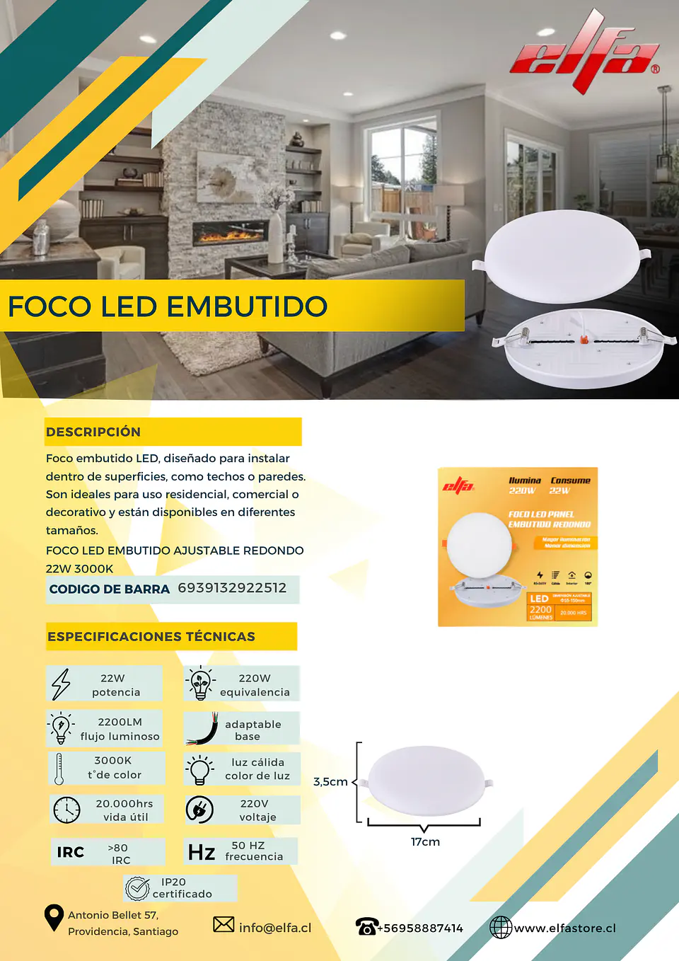 Foco LED Embutido Ajustable Redondo Elfa - 22W (Equivale a 220W) Luz Cálida  2