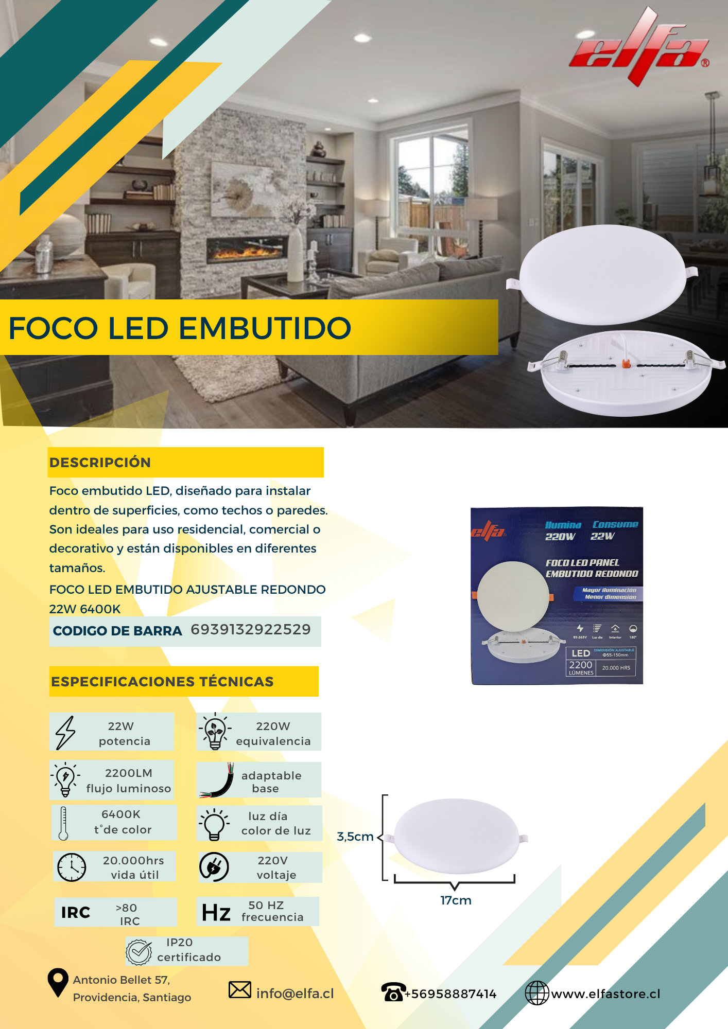 Foco LED Embutido Ajustable Redondo Elfa - 22W (Equivale a 220W) Luz Día 6400K 3
