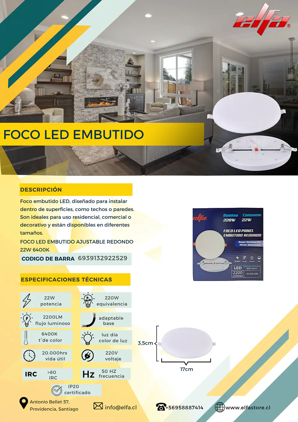 Foco LED Embutido Ajustable Redondo Elfa - 22W (Equivale a 220W) Luz Día 6400K 2