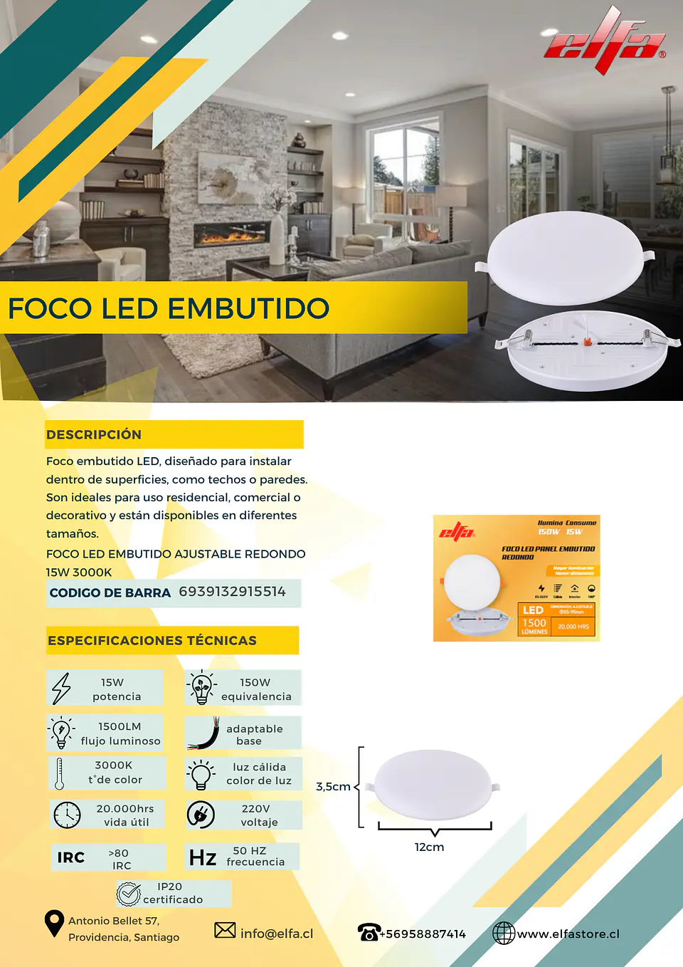 Foco LED Embutido Ajustable Redondo Elfa - 15W (Equivale a 150W) Luz Cálida 3000K 2