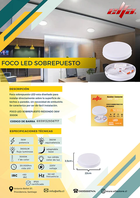 Foco LED Sobrepuesto Redondo Elfa - 36W (Equivale a 360W) Luz Cálida 3000K