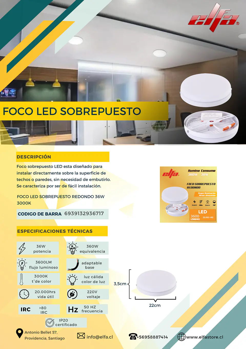 Foco LED Sobrepuesto Redondo Elfa - 36W (Equivale a 360W) Luz Cálida 3000K 2
