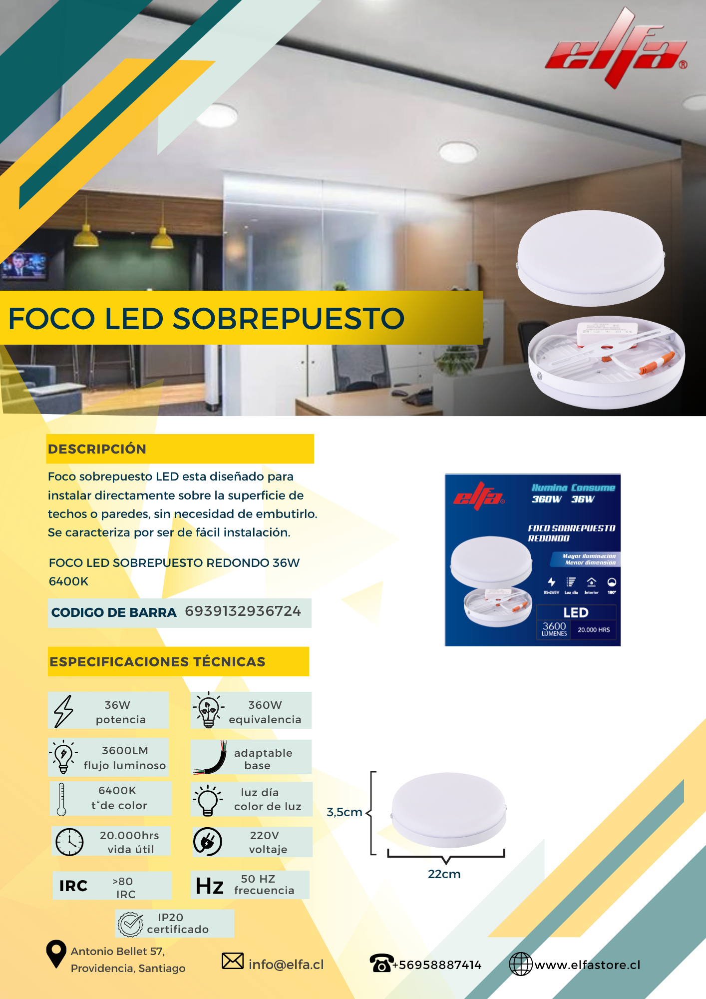 Foco LED Sobrepuesto Redondo Elfa - 36W (Equivale a 360W) Luz Día 6400K 2