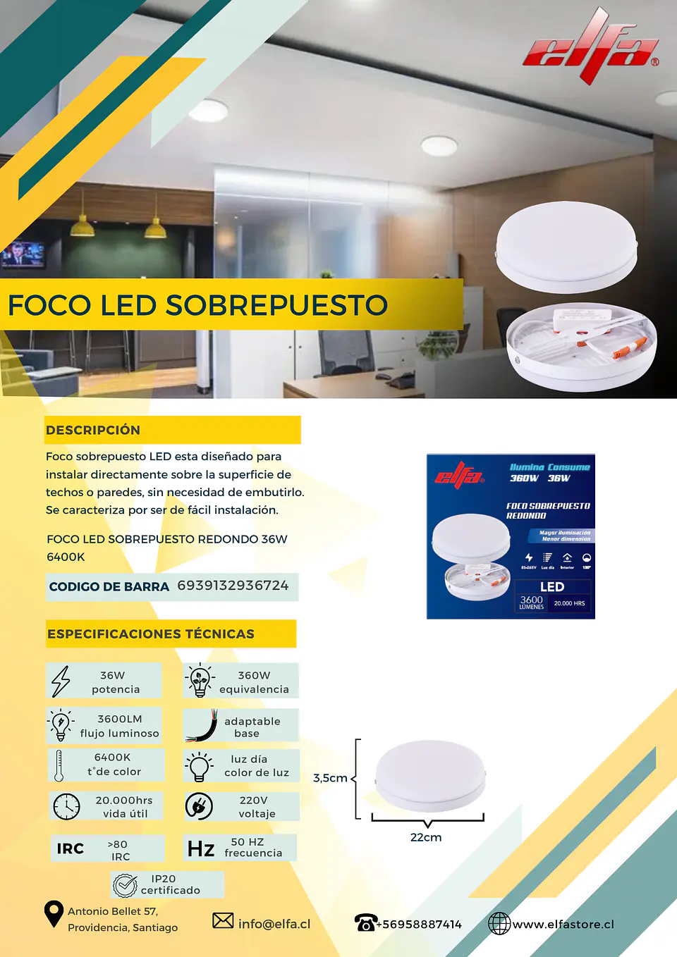 Foco LED Sobrepuesto Redondo Elfa - 36W (Equivale a 360W) Luz Día 6400K 2