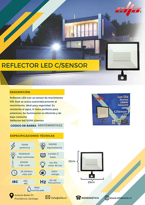 Reflector LED Elfa 100W con Sensor de Movimiento PIR - Luz Día 6500K