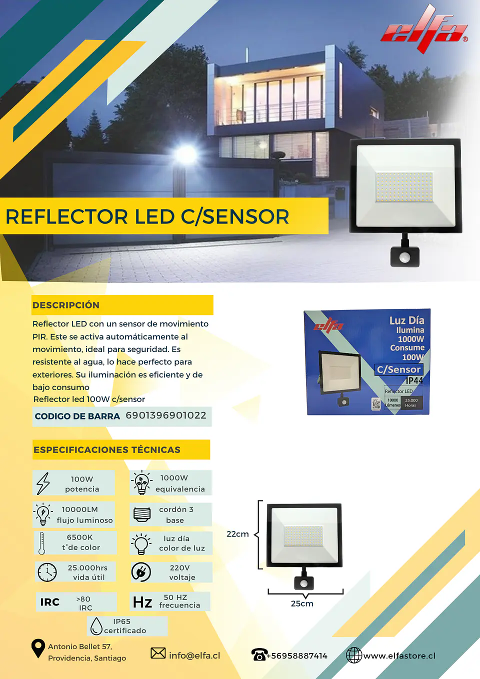 Reflector LED Elfa 100W con Sensor de Movimiento PIR - Luz Día 6500K 2