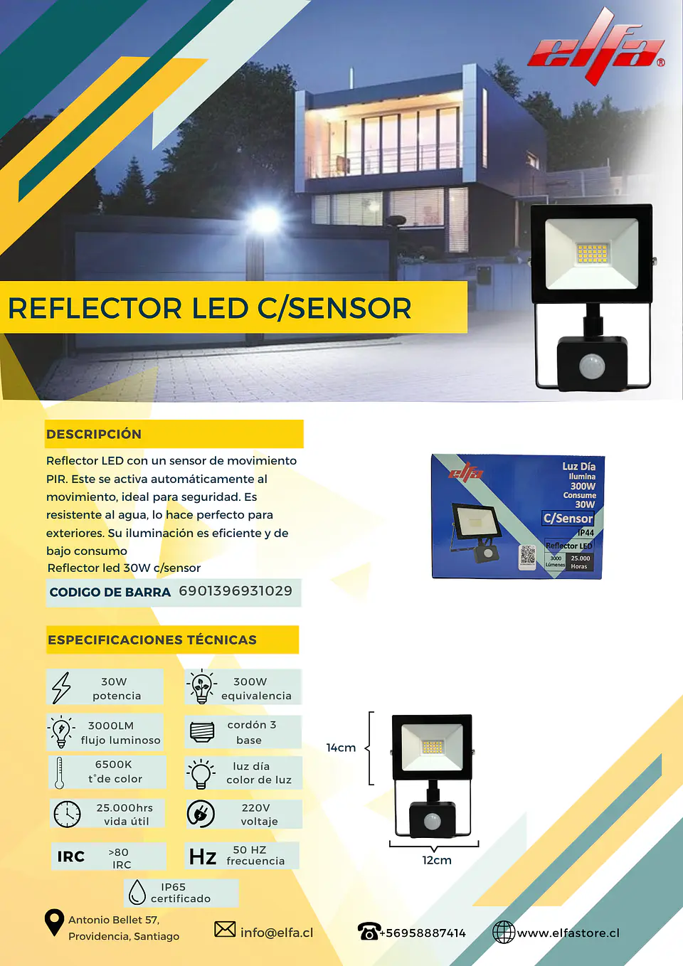 Reflector LED Elfa 30W con Sensor de Movimiento PIR - Luz Día 6500K 2