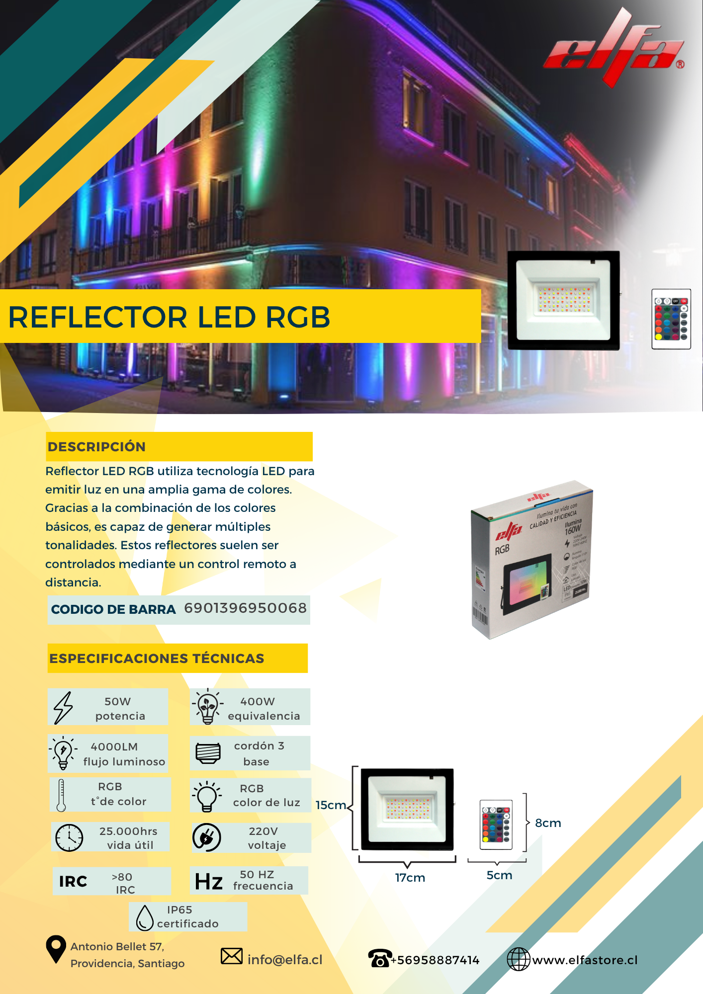 Reflector LED Elfa 50W RGB Multicolores con Control Remoto 3