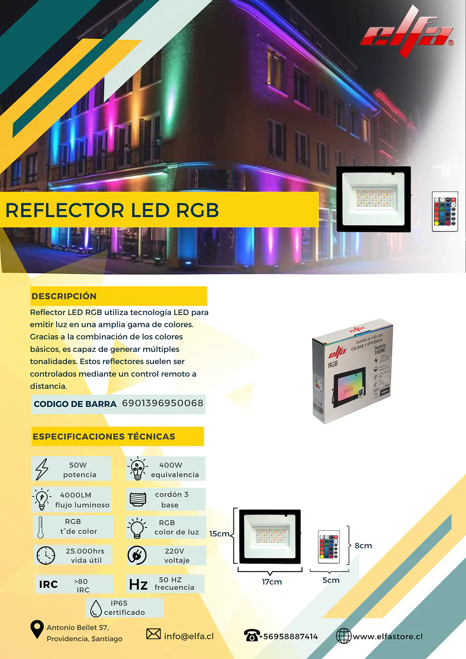 Reflector LED Elfa 50W RGB Multicolores con Control Remoto 3