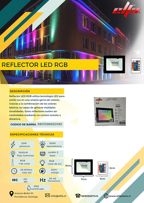 Reflector LED Elfa 20W RGB Multicolores con Control Remoto