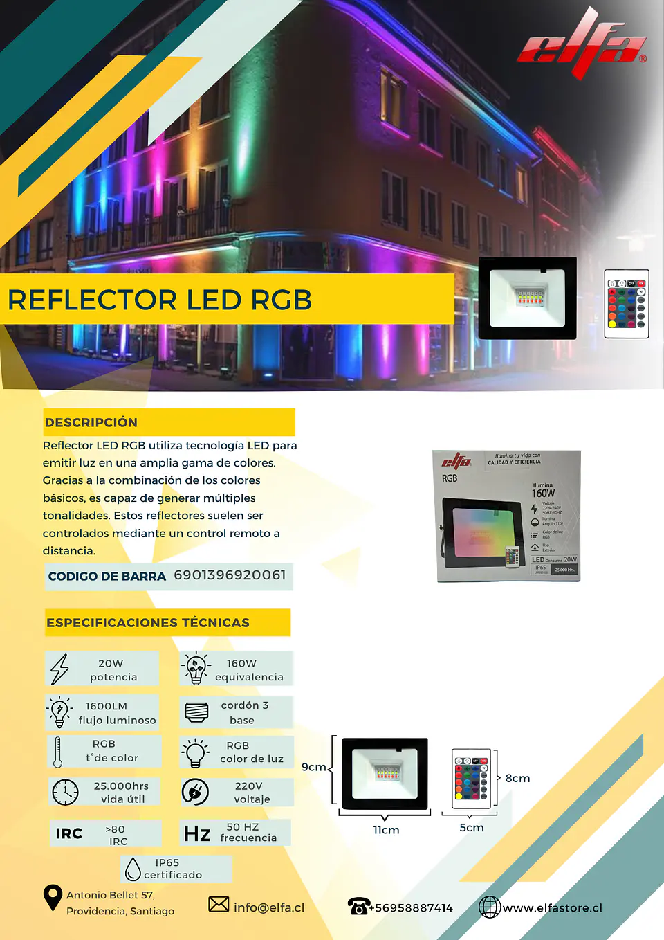 Reflector LED Elfa 20W RGB Multicolores con Control Remoto 2