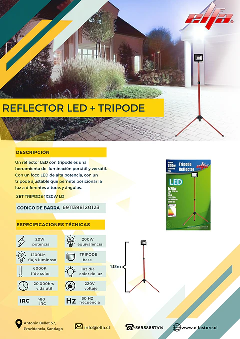 Set Reflector LED Tripode 20W 1200lm 6000K 115m Elfa Portatil Obra