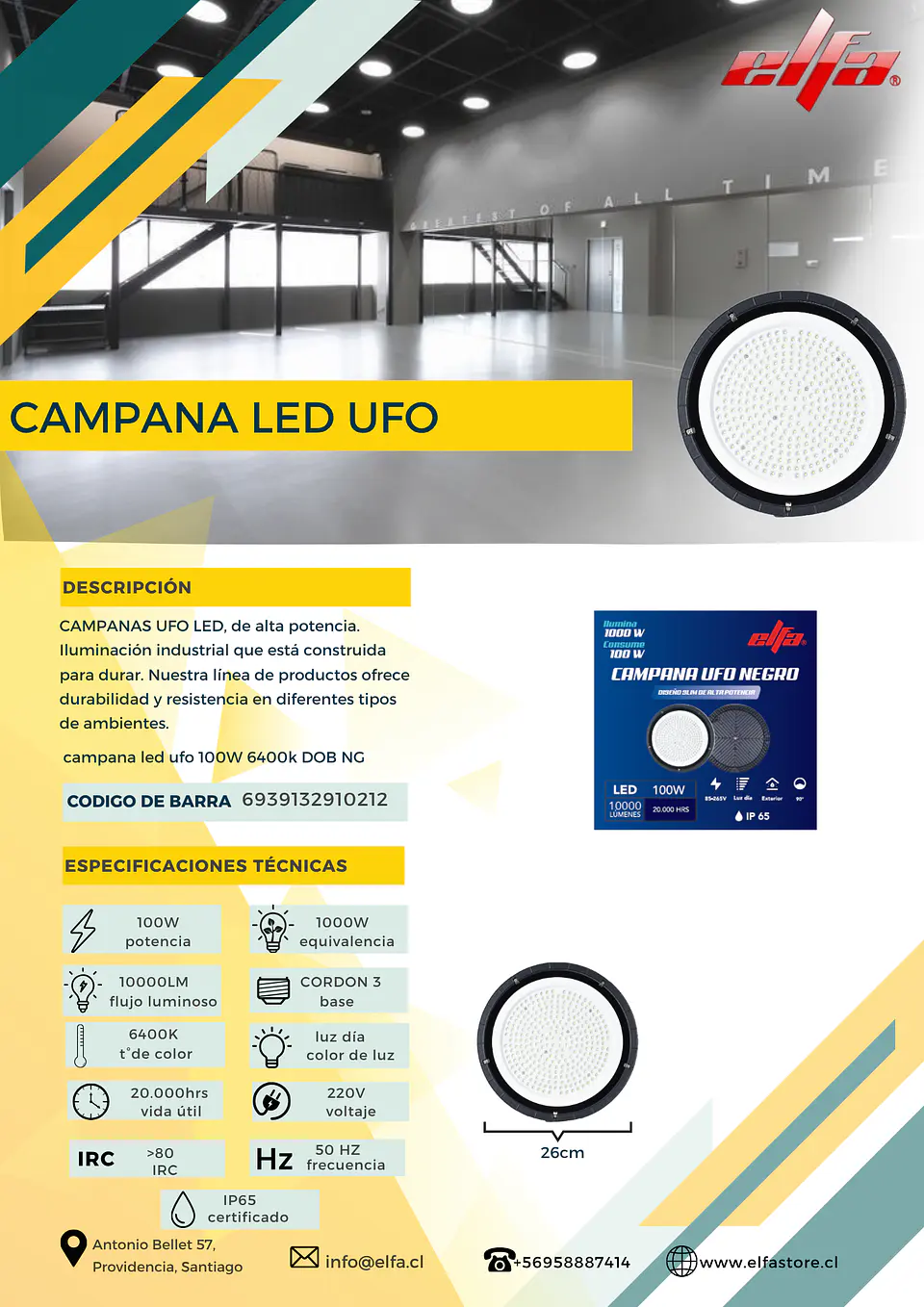 Campana LED UFO Industrial Elfa - 100W (Equivale a 1000W) Luz Día 6400K 3