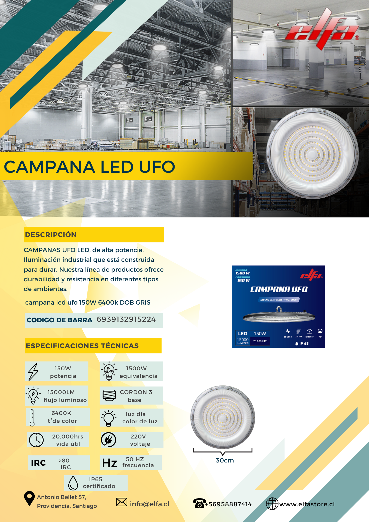 Campana LED UFO Industrial Elfa - 150W (Equivale a 1500W) Luz Día 6400K Gris 2