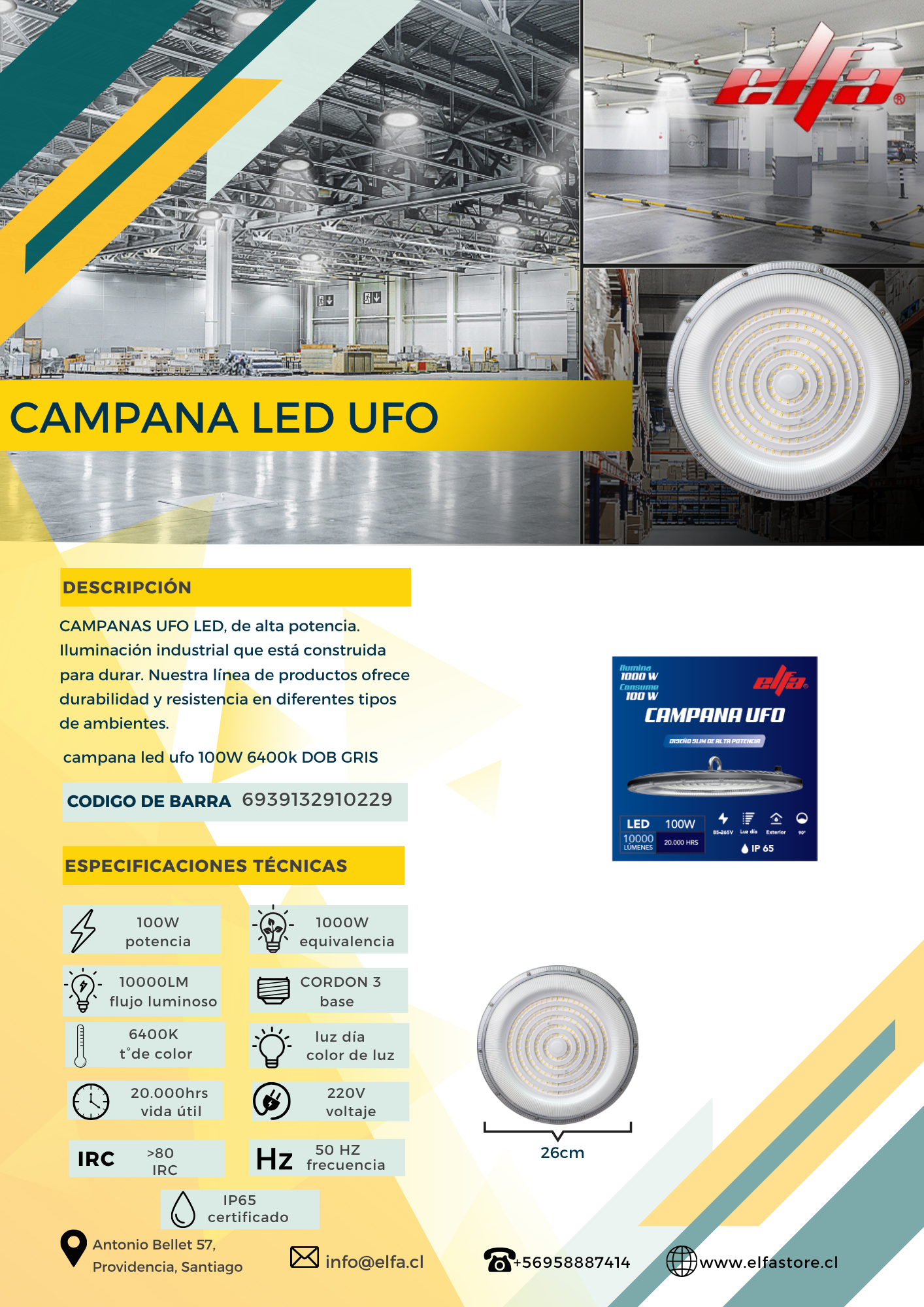 Campana LED UFO Industrial Elfa - 100W (Equivale a 1000W) Luz Día 6400K Gris 3