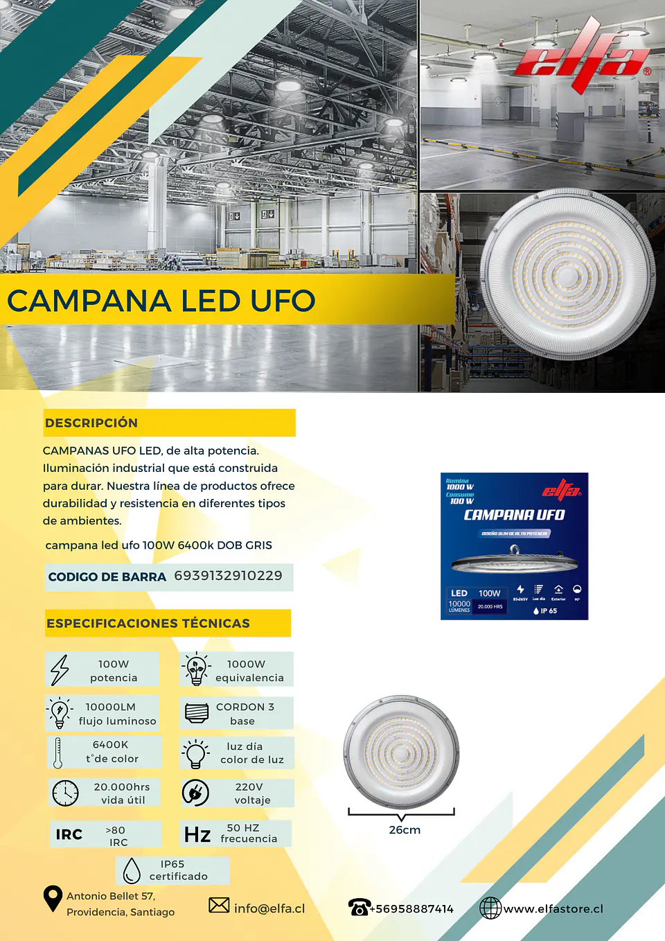 Campana LED UFO Industrial Elfa - 100W (Equivale a 1000W) Luz Día 6400K Gris 2