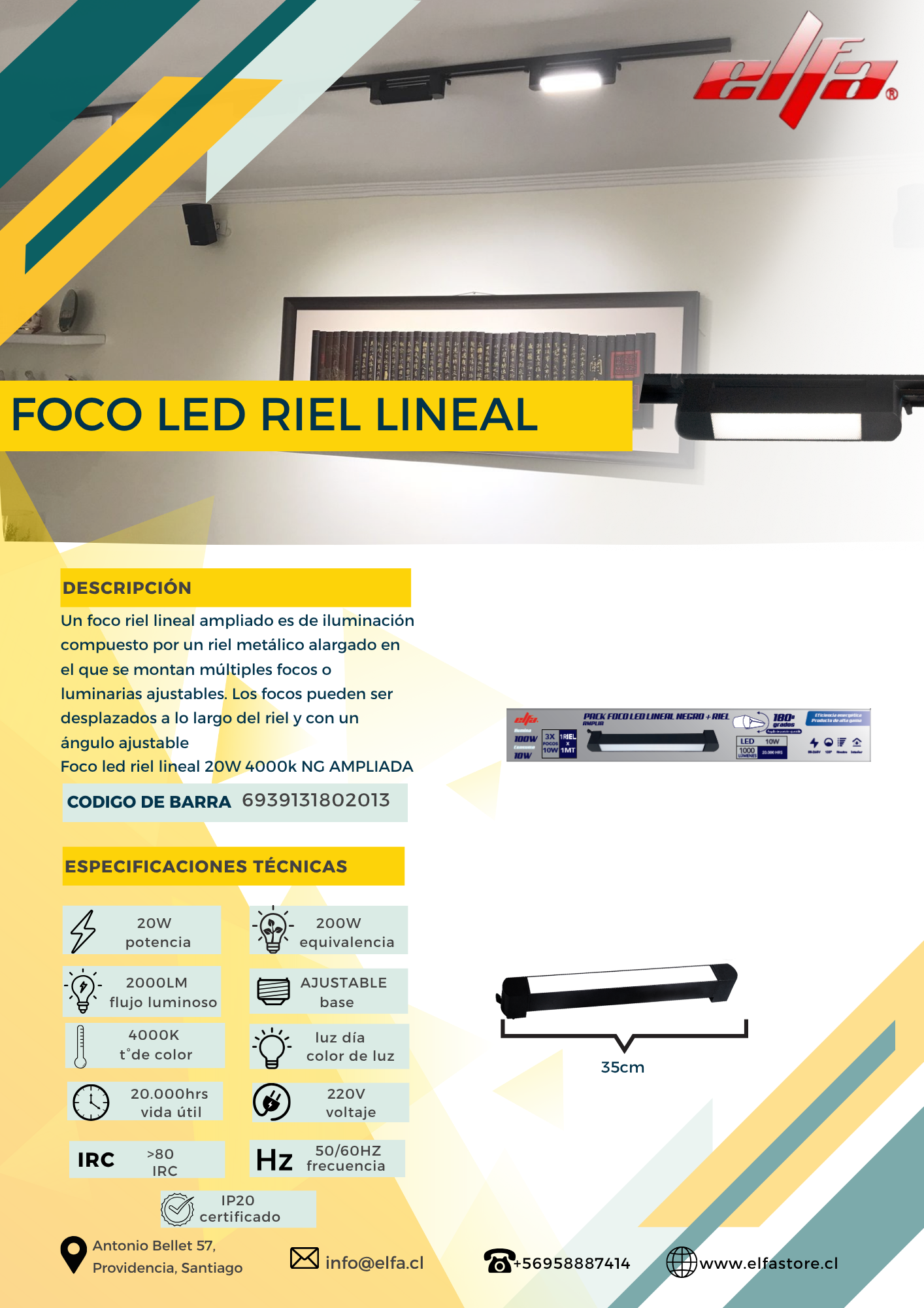 Foco LED Riel Lineal Elfa - 20W (Equivale a 200W) Luz Neutra 4000K 2