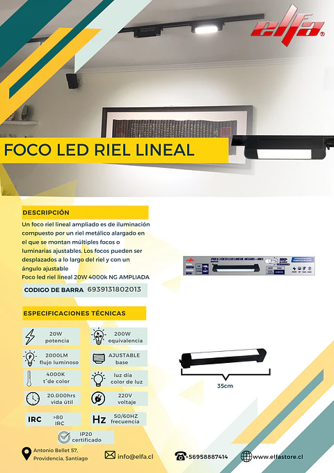 Foco LED Riel Lineal Elfa - 20W (Equivale a 200W) Luz Neutra 4000K