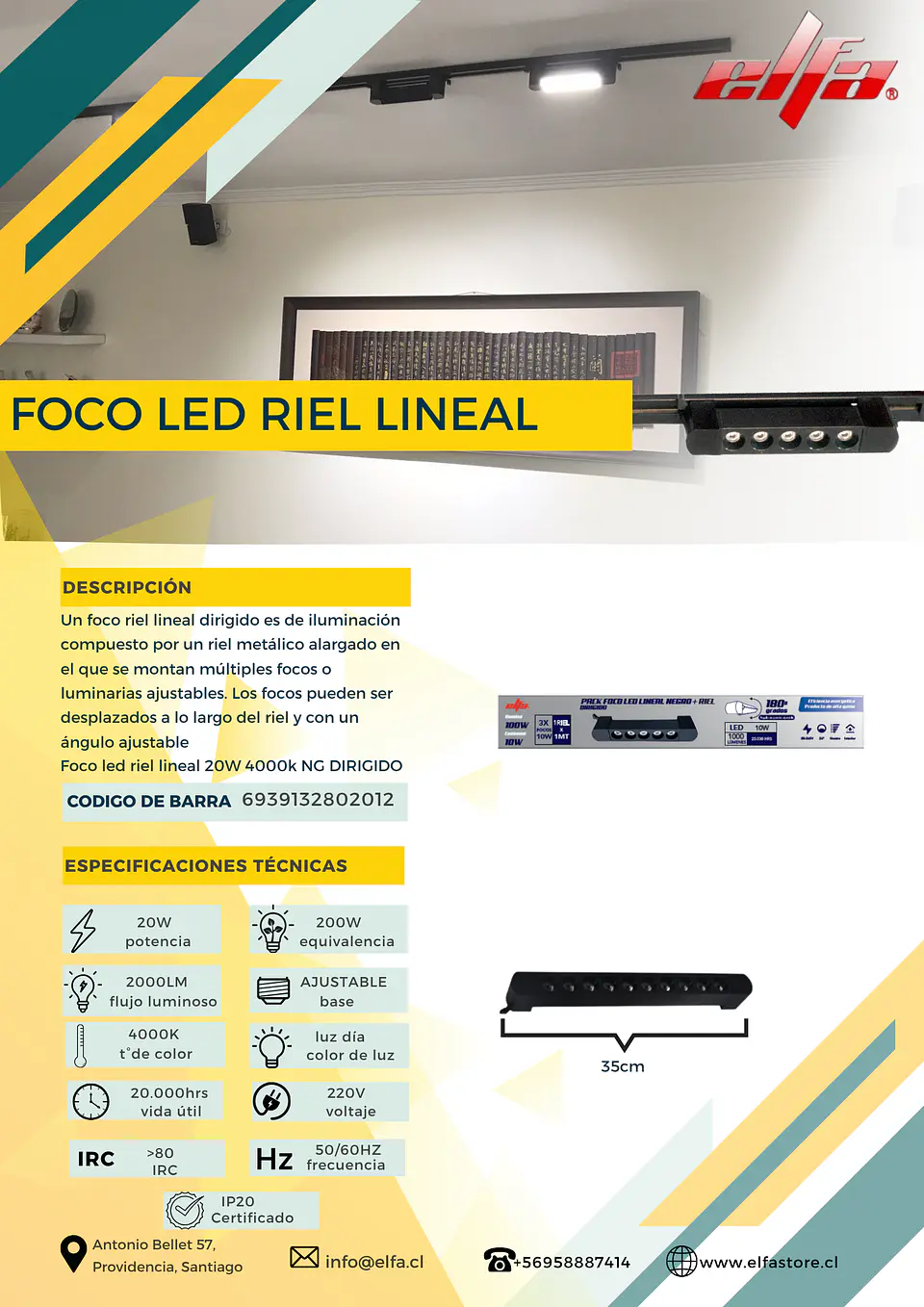 Foco LED Riel Lineal Elfa - 20W (Equivale a 200W) Luz Neutra 4000K Dirigido 2